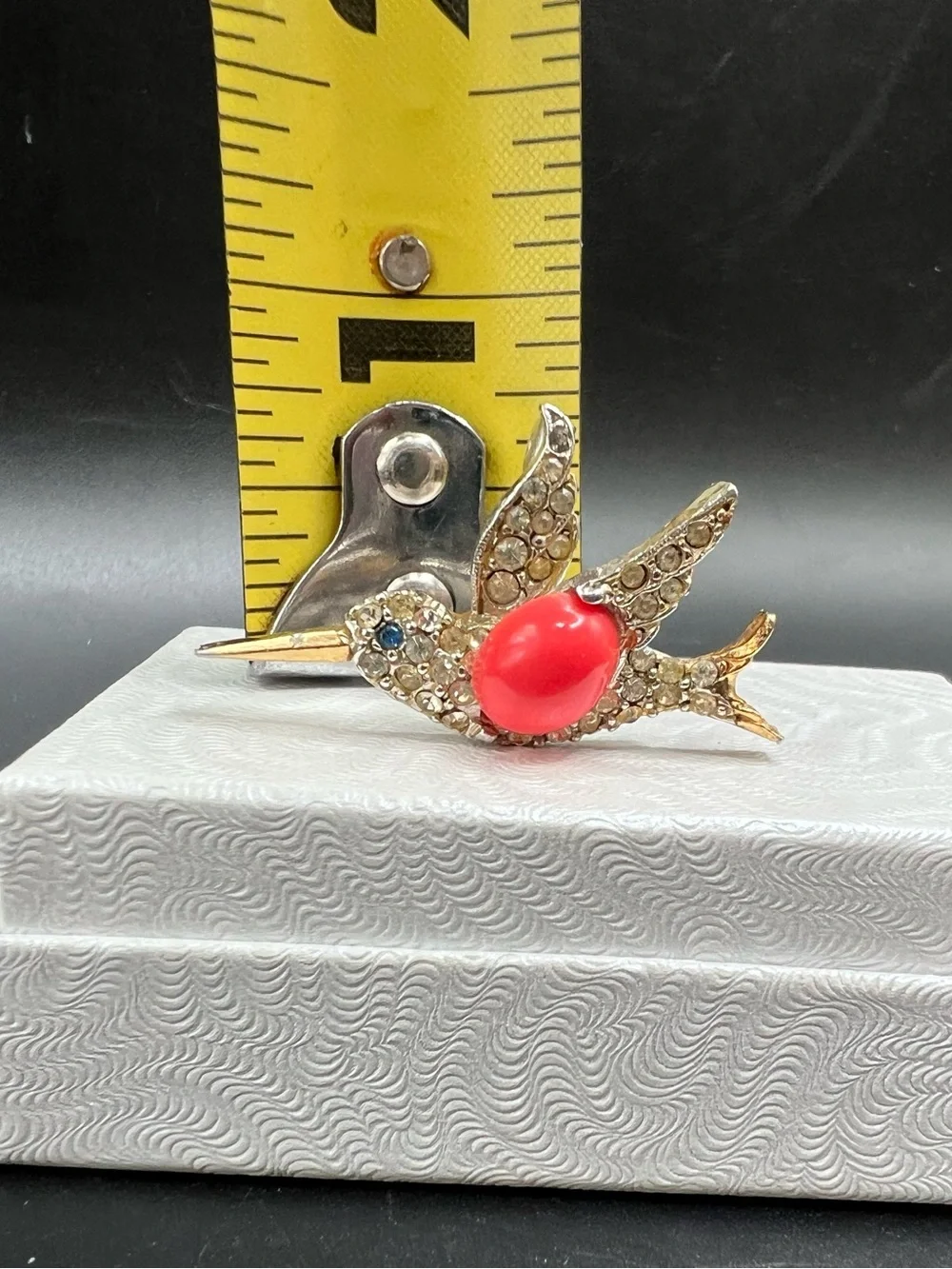 Vintage PELL Hummingbird Brooch Gold Tone Rhinestone Coral Cabochon Signed